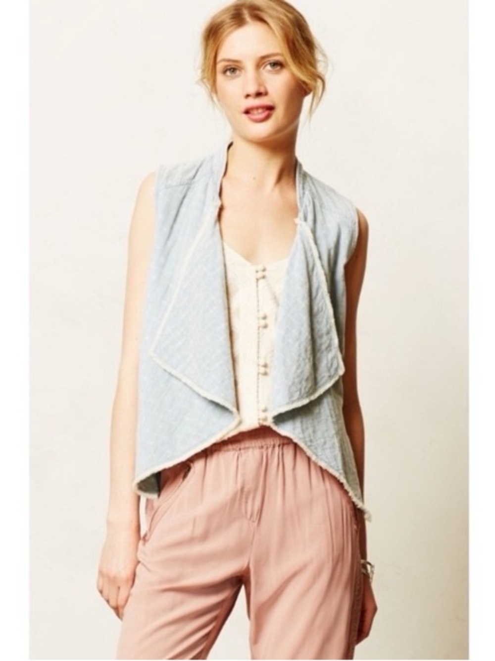Hei Hei Anthro Light Blue Draped Denim Chambray Festival Cotton Vest Medium
